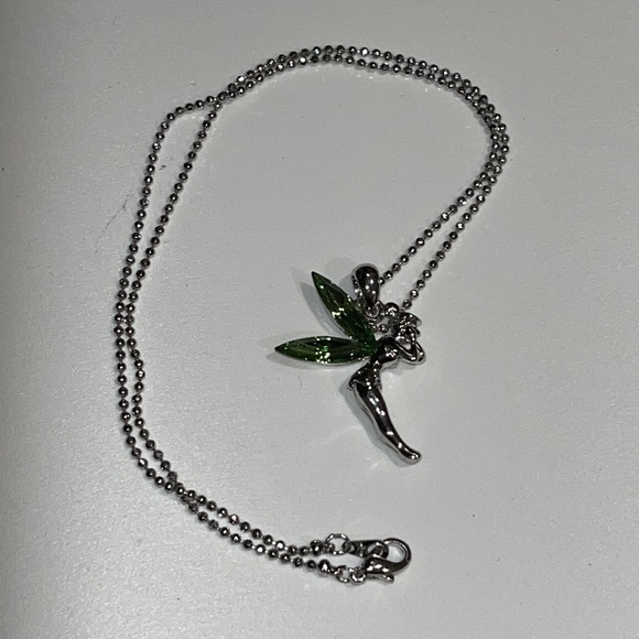 Tinkerbell necklace — charm with green crystal wings on silver tone ball chain - Picture 3 of 10